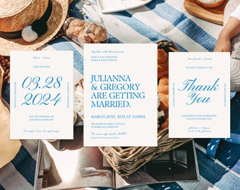 Plantilla de Canva para guardar la fecha, la invitación y el agradecimiento de una boda moderna y colorida