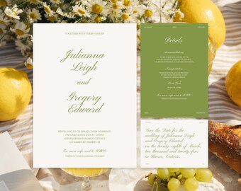 Sofisticada invitación de boda moderna en la Riviera francesa y plantilla de Canva para reservar la fecha