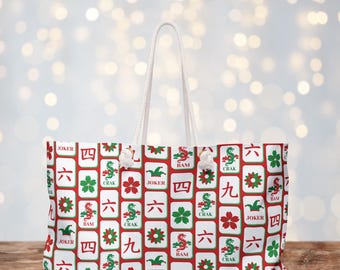 Oversized Mahjong Holiday Tote Bag: 100% Spun Polyester, Rope Handles