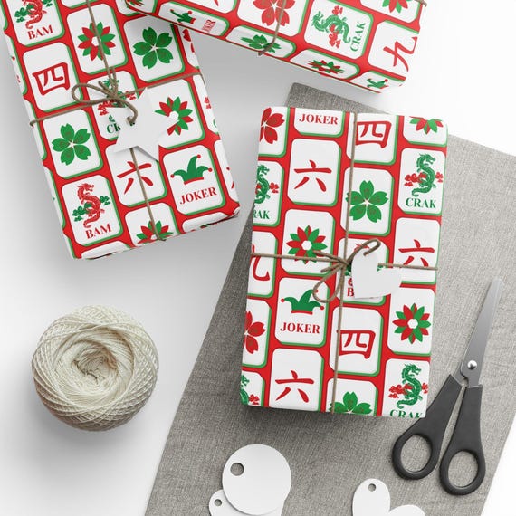 Mahjong Gift Wrap: Glossy Tile Design, Holiday Colors