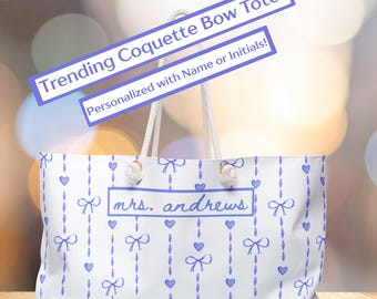 Personalized Coquette Bow Tote Bag, Preppy Name Monogram Bag