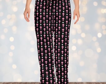 Christian Pajama Pants for Women, Cross and Heart PJs, Jesus Gift for Her