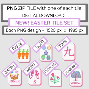 May include: Digital download of an Easter tile set. The image features various tiles with Easter-themed designs, including carrots, Easter eggs, bunny ears, flowers, and a tree. The text includes "NEW! EASTER TILE SET" and "DIGITAL DOWNLOAD".