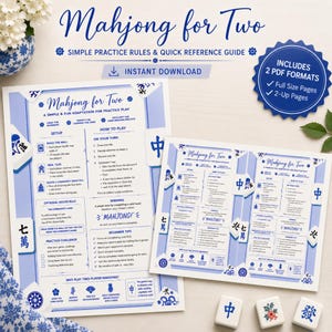 May include: A digital Mahjong for Two practice guide featuring blue text on white paper. The document includes setup instructions, rules, and beginner tips. Three white Mahjong tiles with blue and red symbols are placed at the bottom right.