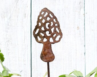 Morel Mushroom Garden Stake for Indoor Plant Small Mushroom Planter Stake Luxury Steel Metal Copper Patina Morel Mushy Flower Pot Stake