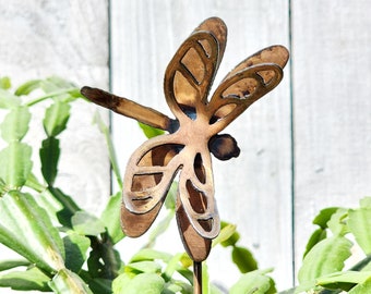 3D Dragonfly Garden Stake for Indoor Plants Small Succulent Planter Stake for Dragonfly Lover Luxury Steel Metal Copper Patina Planter Stake