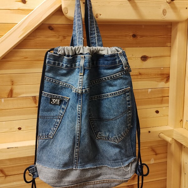 Handmade denim bag, Jeans backpack, Recyclied jeans bag, Drawstring backpak, Handmade bag, Upcycling design bag, man denim bag