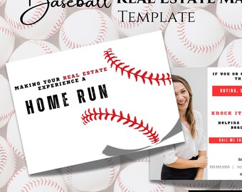Op de afbeelding: Een baseball-thema real estate mailer template met een rode en witte baseball graphic en de tekst "Maak van je real estate ervaring een homerun". De mailer bevat ook een foto van een vrouw en tekst over het kopen, verkopen of investeren in onroerend goed.