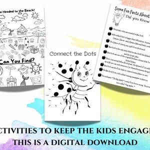 May include: Black and white printable activity sheets for kids. One sheet features a "We're Headed to the Beach!"  illustration with a "Can You Find?"  heading. Another sheet features a connect-the-dots activity with a ladybug. The third sheet features a list of "Some Fun Facts About New York Did You Know?"  with a raccoon illustration.