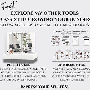 May include: Two digital marketing kits for real estate agents. The first kit is a pre-listing kit with a photo of a living room. The second kit is an open house marketing bundle with a variety of marketing materials. The text on the image reads "Don't Forget Explore My Other Tools. To Assist In Growing Your Business! Follow My Shop To See All The New Designs. Pre-Listing Kit. Complete Open House Marketing Bundle Effortlessly Host Like A Pro. Pre Listing Kits Our Business Revolves Around Listings. Equip Yourself With The Right Tools. This Is An Excellent Enhancement For Any Listing Presentation. Open House Bundle Market Like A Professional Create And Enhance Your Brand Effortlessly With This Ready-To-Use Kit! Impress Your Sellers!"