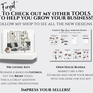 Op de afbeelding: Een digitale marketingkit voor makelaars. De kit bevat marketingmaterialen voor pre-listing en open huizen. De tekst op de afbeelding luidt: &bdquo;Vergeet niet om mijn andere tools te bekijken om je bedrijf te laten groeien! Volg mijn winkel om alle nieuwe ontwerpen te zien. Pre-listing-kits. Ons bedrijf is gebaseerd op listings. Krijg de juiste tools. Dit is een geweldige aanvulling op elke listing-presentatie. Open House Bundle. Market Like a Pro. Bouw je merk op en laat het groeien met deze kant-en-klare kit!"