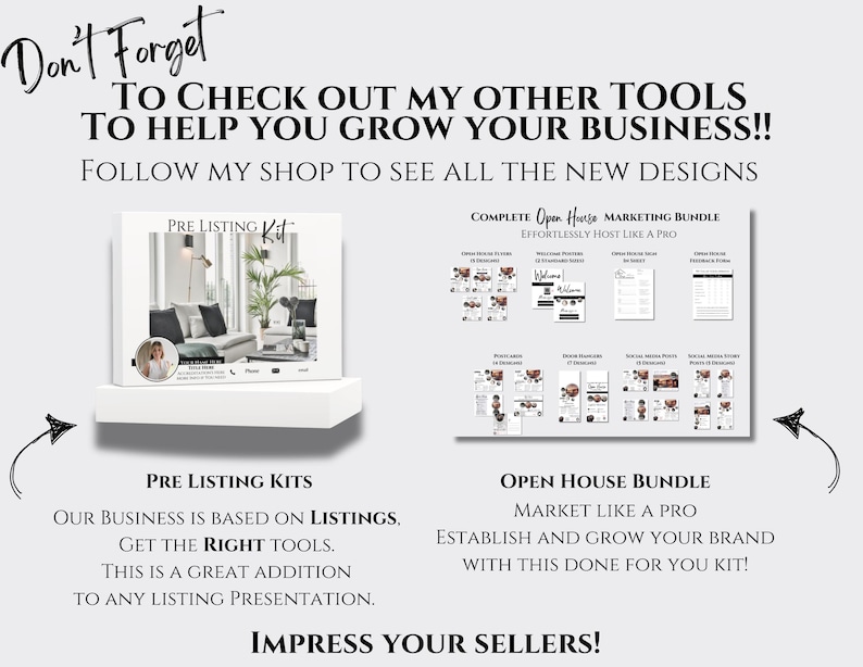 Op de afbeelding: Een digitale marketingkit voor makelaars. De kit bevat marketingmaterialen voor pre-listing en open huizen. De tekst op de afbeelding luidt: &bdquo;Vergeet niet om mijn andere tools te bekijken om je bedrijf te laten groeien! Volg mijn winkel om alle nieuwe ontwerpen te zien. Pre-listing-kits. Ons bedrijf is gebaseerd op listings. Krijg de juiste tools. Dit is een geweldige aanvulling op elke listing-presentatie. Open House Bundle. Market Like a Pro. Bouw je merk op en laat het groeien met deze kant-en-klare kit!"