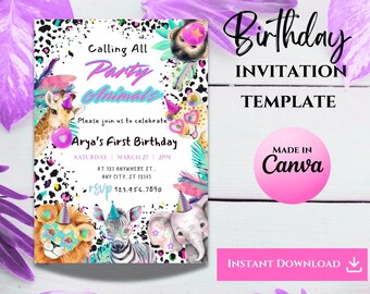May include: A colorful birthday party invitation template featuring a jungle animal theme. The invitation has a white background with a black and white leopard print pattern. The text "Calling All Party Animals" is in pink and blue neon lettering. The invitation also includes the text "Please join us to celebrate Arya's First Birthday" and details for the party, including the date, time, and location. The invitation is made in Canva and is available for instant download.