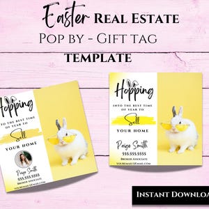 Peut inclure: Une étiquette cadeau jaune et blanche avec un lapin portant des lunettes de soleil et le texte "Hopping into the best time of year to sell your home". L'étiquette comprend également le nom, le numéro de téléphone et l'adresse e-mail d'un agent immobilier.