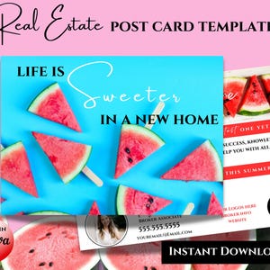 Op de afbeelding: Een vastgoedpostkaart sjabloon met een roze achtergrond. De ansichtkaart toont watermeloenplakjes op een blauwe achtergrond met de tekst "Life is Sweeter in a New Home". Extra tekst bevat "Instant Download" en "Made in Canva."