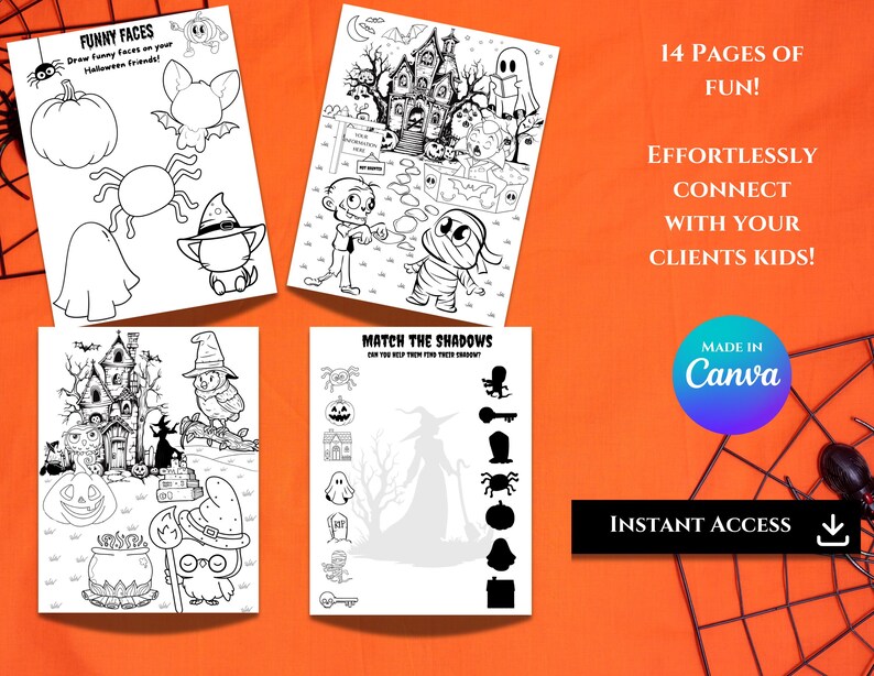 Op de afbeelding: Een set van 14 printbare Halloween kleurplaten voor kinderen. De pagina's bevatten een verscheidenheid aan Halloween-thema's, waaronder geesten, pompoenen, vleermuizen, uilen en een spookhuis. De pagina's zijn zwart-wit en klaar om in te kleuren.