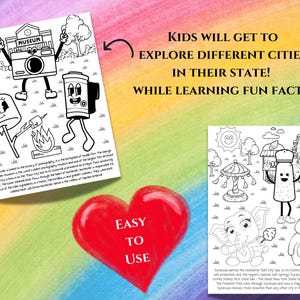 May include: Black and white coloring pages featuring illustrations of a camera, marshmallow, campfire, salt shaker, carousel, elephant, and teddy bear. The text "Kids will get to explore different cities in their state! While learning fun facts!" is at the top of the page. The text "Easy to use" is in a heart shape at the bottom of the page.