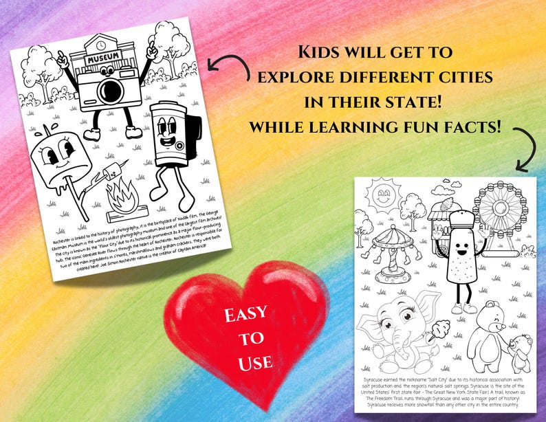 May include: Black and white coloring pages featuring illustrations of a camera, marshmallow, campfire, salt shaker, carousel, elephant, and teddy bear. The text "Kids will get to explore different cities in their state! While learning fun facts!" is at the top of the page. The text "Easy to use" is in a heart shape at the bottom of the page.