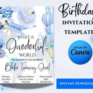 What a Onederful First Birthday Invitation, Printable invite, World Travel Adventure Theme, Digital Birthday invitations, Birthday Boy,Canva