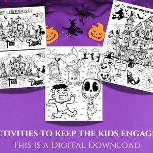 Op de afbeelding: Een set van vier printbare Halloween-activiteitenbladen voor kinderen. De bladen bevatten een spookhuis, een vleermuis, een skelet en een Frankenstein-monster. De bladen zijn zwart-wit en klaar om in te kleuren.