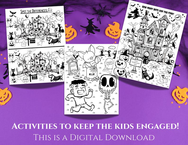 Op de afbeelding: Een set van vier printbare Halloween-activiteitenbladen voor kinderen. De bladen bevatten een spookhuis, een vleermuis, een skelet en een Frankenstein-monster. De bladen zijn zwart-wit en klaar om in te kleuren.