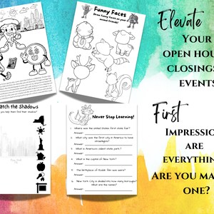 May include: Black and white printable activity sheets with a New York City theme. The sheets include a matching game, a coloring page, and a trivia quiz. The text on the sheets reads "Match the Shadows", "Funny Faces", "Never Stop Learning!" and "Elevate Your Open Houses, Closings & Events. First Impression Are Everything. Are You Making One?"