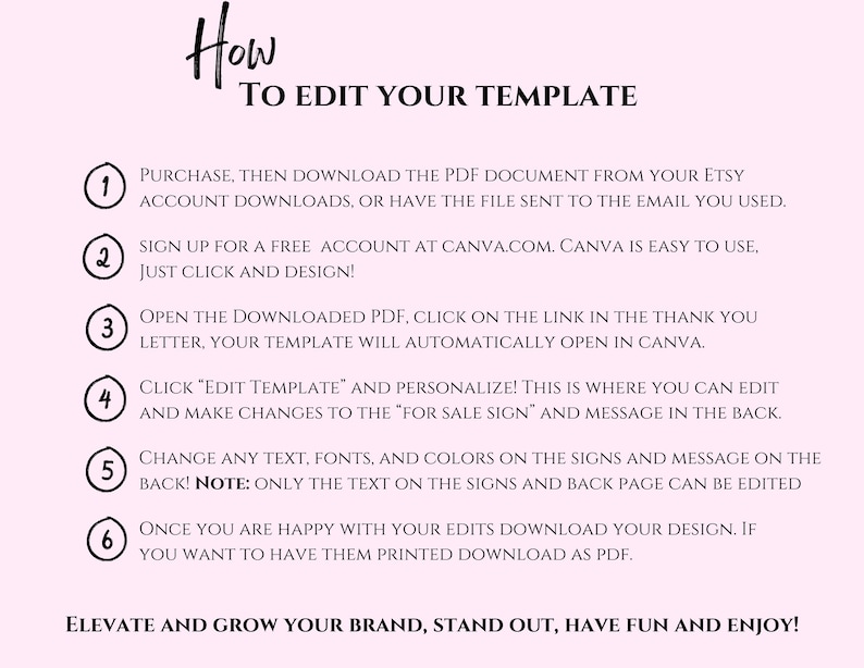 May include: A pink and white graphic with numbered steps on how to edit a template using Canva. The steps include downloading the PDF, signing up for a free Canva account, opening the PDF, editing the template, and downloading the design.