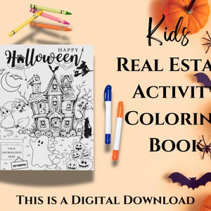 Op de afbeelding: Een zwart-wit kleurboek met een Halloween-thema. De omslag toont een spookhuis, een geest, een kat en vleermuizen. De titel van het boek is "Happy Halloween!" en de tekst "Kids Real Estate Activity Coloring Book" is geschreven in zwarte tekst op een perzikkleurige achtergrond.