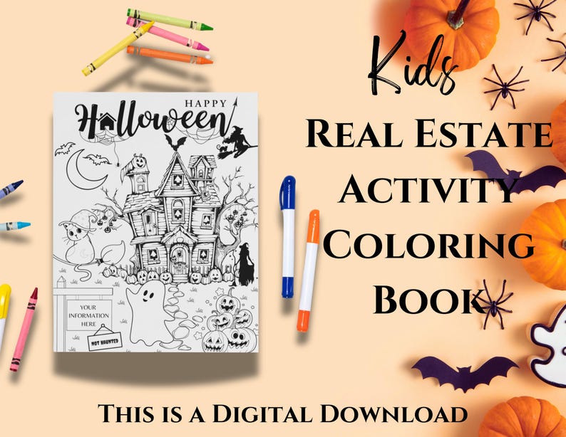 Op de afbeelding: Een zwart-wit kleurboek met een Halloween-thema. De omslag toont een spookhuis, een geest, een kat en vleermuizen. De titel van het boek is "Happy Halloween!" en de tekst "Kids Real Estate Activity Coloring Book" is geschreven in zwarte tekst op een perzikkleurige achtergrond.
