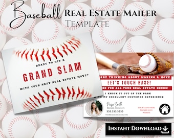 Op de afbeelding: Een baseball-thema real estate mailer sjabloon met een rode en witte baseball graphic en de tekst "Klaar om een Grand Slam te slaan met je volgende verhuizing?" De mailer bevat ook een visitekaartje met de tekst "Let's Touch Base!" en "Ik sla het uit het park met mijn uitstekende klantervaring."
