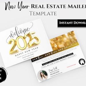 Carte immobilière de Nouvel An, carte postale modifiable en toile, publipostage de marketing immobilier 2025, voeux de nouvel an