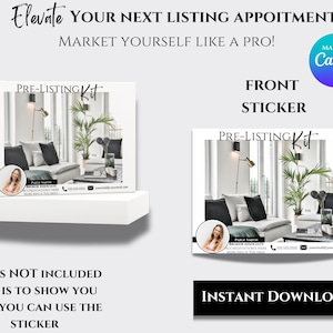 Puede incluir: Una pegatina imprimible para un kit de pre-venta de bienes raíces que presenta un interior de sala de estar moderno con una planta en maceta, un sofá y una lámpara. La pegatina incluye el texto "Pre-Listing Kit" y la información de contacto de un agente inmobiliario. El texto "Descarga instantánea" también está incluido.