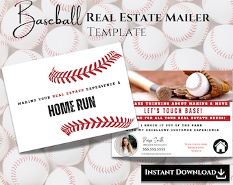 Op de afbeelding: Een baseball-thema real estate mailer sjabloon met een rood en wit baseball steek ontwerp. De tekst luidt "Maak van uw vastgoedervaring een homerun" en "Laten we contact opnemen!" De mailer bevat ruimte voor een makelaarslogo, contactgegevens en website.