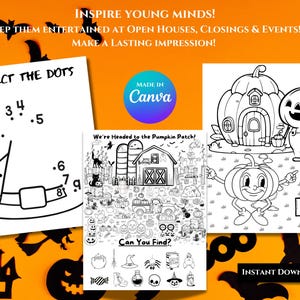 Op de afbeelding: Een set van drie printbare Halloween-activiteitenbladen voor kinderen. Het eerste blad bevat een verbind-de-stippen-activiteit om een ​​heksenhoed te maken. Het tweede blad is een 'Waar is Wally'-achtige zoek-de-objecten-activiteit met een pompoenveldthema. Het derde blad toont een kleurplaat van een pompoenhuis en een pompoenfiguur.