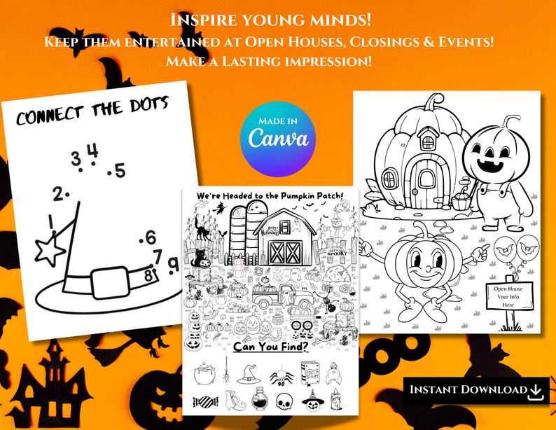 Op de afbeelding: Een set van drie printbare Halloween-activiteitenbladen voor kinderen. Het eerste blad bevat een verbind-de-stippen-activiteit om een ​​heksenhoed te maken. Het tweede blad is een 'Waar is Wally'-achtige zoek-de-objecten-activiteit met een pompoenveldthema. Het derde blad toont een kleurplaat van een pompoenhuis en een pompoenfiguur.