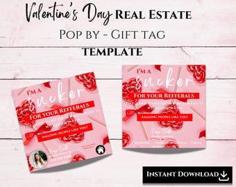 Puede incluir: Plantilla de etiqueta de regalo de bienes raíces para el Día de San Valentín, rosa y roja, con el texto "Soy un adicto a tus referencias. La mejor parte de mi negocio es trabajar con gente increíble como tú!" y un espacio para el nombre, el número de teléfono y el sitio web de un agente inmobiliario.
