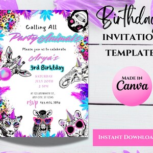 Calling All Party Animals Editable Birthday Invitation Wild Jungle Animal Zoo Safari Birthday Invite Digital Template Cheetah Leopard Print