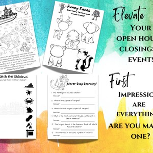 May include: Four black and white printable activity sheets for kids. The first sheet features a ship and mermaids. The second sheet has a variety of animals with blank faces for kids to draw on. The third sheet has a matching game with shadows. The fourth sheet has a quiz about the Pentagon and Virginia. The text on the page reads "Elevate Your Open Houses, Closings & Events. First Impression Are Everything. Are You Making One?"