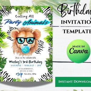 Editable Party Animals Birthday Invitation, Jungle Zoo Invite, Animal Birthday Party Invite, Animal Safari Invite,Wild Safari Animals, Boy