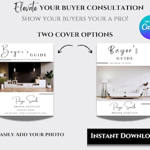 May include: Two cover options for a buyer's guide. The first cover features a black wall with a white entertainment center and a potted plant. The second cover features a white wall with a white couch and a floor lamp. Both covers have the text "Buyer's Guide" and "The Road to Your Home".