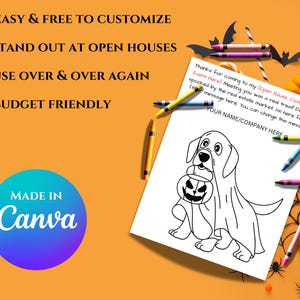 Op de afbeelding: Een zwart-witte printbare kleurplaat met een hond die een spookkostuum draagt en een jack-o-lantern vasthoudt. De pagina bevat de tekst "Bedankt voor uw komst naar mijn (Open Huis, Closing Your Event Here!) Het was een echt genoegen om u te ontmoeten! Laat u niet afschrikken door de vastgoedmarkt. Ik ben er voor u (bericht hier. U kunt dit bericht wijzigen). UW NAAM/BEDRIJF HIER".