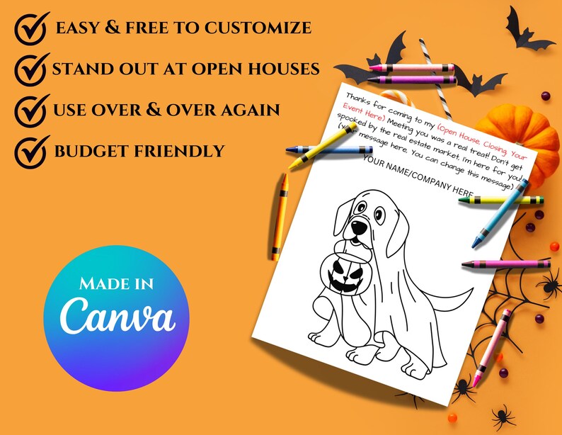 Op de afbeelding: Een zwart-witte printbare kleurplaat met een hond die een spookkostuum draagt en een jack-o-lantern vasthoudt. De pagina bevat de tekst "Bedankt voor uw komst naar mijn (Open Huis, Closing Your Event Here!) Het was een echt genoegen om u te ontmoeten! Laat u niet afschrikken door de vastgoedmarkt. Ik ben er voor u (bericht hier. U kunt dit bericht wijzigen). UW NAAM/BEDRIJF HIER".