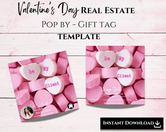 Puede incluir: Caramelos en forma de corazón rosa y blanco con las palabras "Be My Client" en ellos. Los caramelos están dispuestos en una pila con un fondo rosa. El texto "Paige Smith Broker Associate" está en la parte inferior de la imagen.