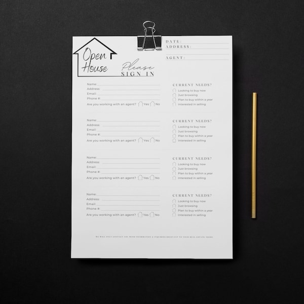 Open House Sign in Sheet, Real Estate Marketing, Open House, Realtor, Real Estate, Real Estate Agent