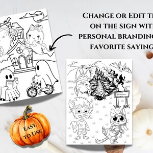 Op de afbeelding: Een set van vier zwart-witte printbare kleurplaten met Halloween-figuren en -sc&egrave;nes. De pagina's bevatten een spook dat op een fiets rijdt, een spook dat een boek leest, een spook met een heksenhoed en een monster met een bord waarop 'Trick or Treat' staat.