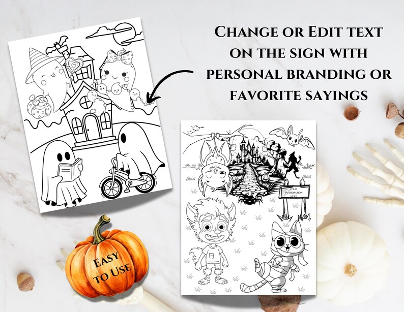 Op de afbeelding: Een set van vier zwart-witte printbare kleurplaten met Halloween-figuren en -sc&egrave;nes. De pagina's bevatten een spook dat op een fiets rijdt, een spook dat een boek leest, een spook met een heksenhoed en een monster met een bord waarop 'Trick or Treat' staat.