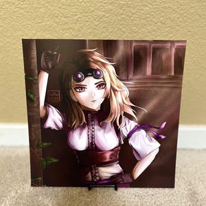 May include: A digital illustration of a woman with long blonde hair wearing a white and purple steampunk-style outfit with goggles. She is standing in a doorway with a dark background.