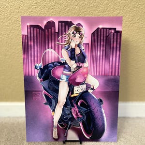 May include: A woman in a pink and black outfit rides a pink motorcycle with a license plate that reads "K-YUI" in a city setting with purple and pink lighting.