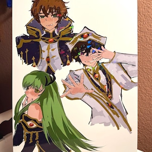 May include: A rectangular art print featuring three anime-style characters. One character has brown hair and a dark blue uniform, another has dark hair and a white uniform, and the third has long green hair and a dark outfit with gold accents.
