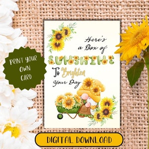 Gnome Thank You Card, Sunflower Thank You Card, Printable Card, Download, Box of Sunshine Printable Card